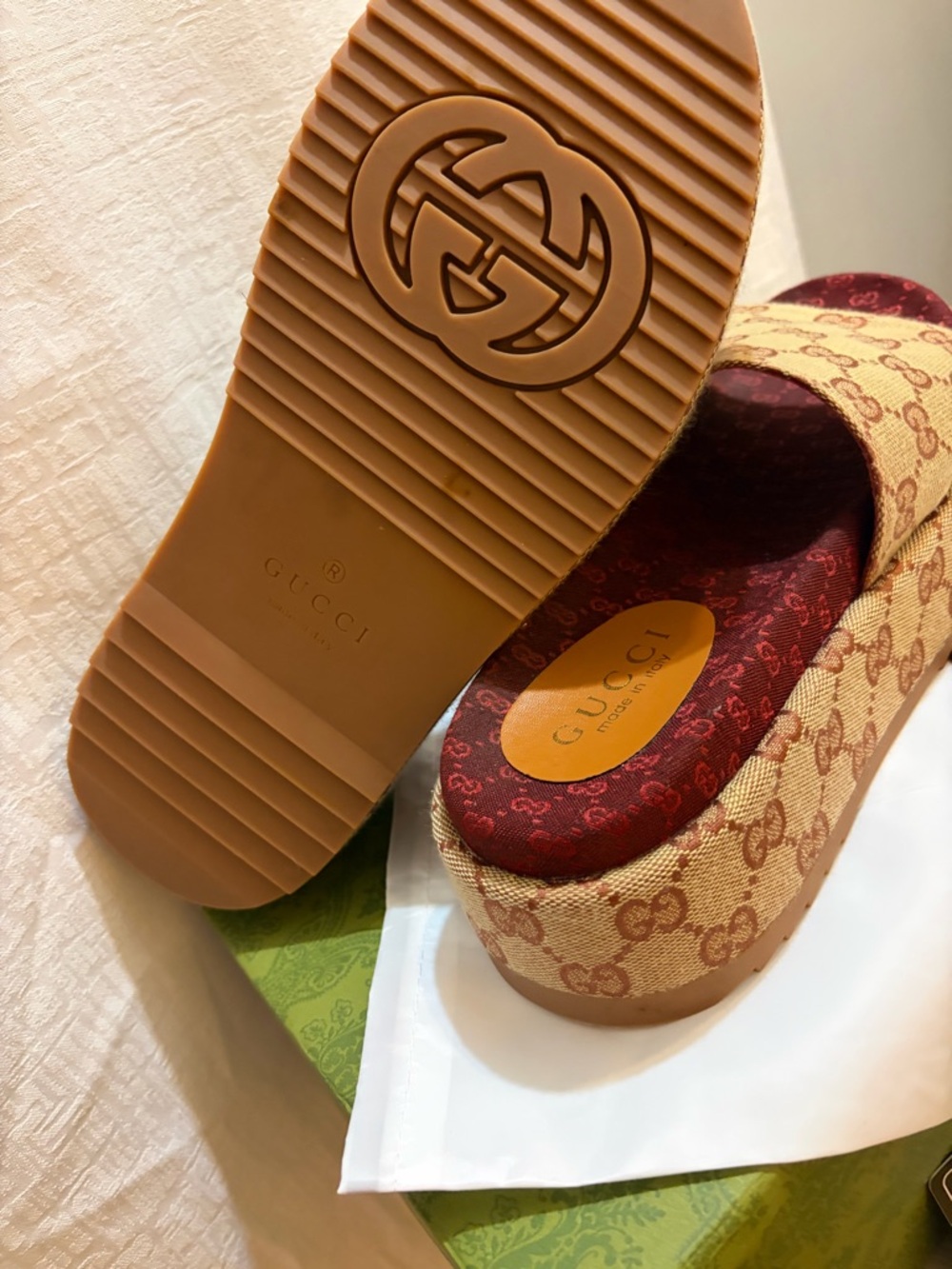 Gucci monogram Brown GG Canvas Platform Slide Sandals with Burgundy Insole - Picture 13 of 14